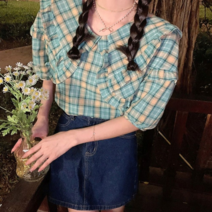 오노마 오노마 ONM 데이트룩 귀엽고 러블리 체크페턴 민트색 블라우스 (8947145)