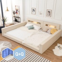 고릴라가구 허그 LED 패밀리침대 [양쪽가드형Q+Q]+독립 볼라텍스50매트 포함, 베이지