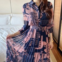 Makone 상표등록2023 가을옷 셔츠 롱스커트 스타일리쉬 밴딩 무늬프린트 누르다 주름 플리츠 원피스