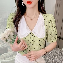 HQINT 레인 인형 칼라 웨이브 포인트 셔츠 쉬폰 짧은 소매 ZA-244070