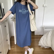Hooozen 여성 루즈핏 캐주얼 스타일 레터링 프린팅 반소매 미디원피스