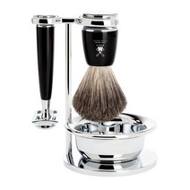 MÜHLE Rytmo 면도 세트 - 그릇 오소리 털 면도 브러시 안전 면도기 스탠드 고급 블랙 레진과 금속 액센트로 만든 손잡이, 기본