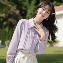 리본블라우스 왕리본블라우스 하객 봄 라인 리본 블라우스 외국 스타일의 인형 칼라 쉬폰 셔츠 bowknot 보라색 레이스 바닥 여성 세련된 탑