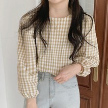 여성 봄 고방체크 벌룬소매 러블리 블라우스