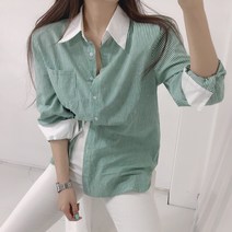 투케 루즈핏 배색 스트라이프 롱 트임 패드 셔츠