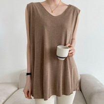 브라운 컬러 브이넥 민소매 티셔츠