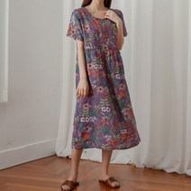 여자 여름 빅사이즈 면 100% 나염 반팔 아사 단추 롱 시원한 원피스 99까지