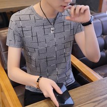 남성 t살얼음판 V깃유행 여름 뉴타입 반소매 티셔츠 단소, T04-2XL, C06-58-다크그레이