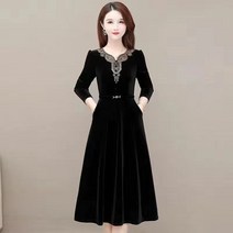 Mayfox 분위기 골드 벨벳 원피스 레이스넥 튜닉 여성 롱스커트 XRJ-303