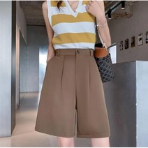 Momolatti 여성용 5부 넓은 다리 핀턱 하프 팬츠 반바지