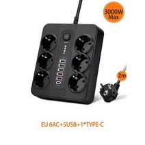 EU 전원 스트립 유럽 플러그 스트립 3000W 확장 소켓 과부하 보호 멀티 플러그 USB 충전기 스위치 포함 USB C 충전기, Eu 플러그, 5USB EU BKL11 1PCS, Eu 플러그, 5USB EU BKL11 1PCS 블랙