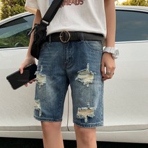 남자청반바지 와이드 흑청 데님반바지 남성 찢어진 데님 치노 반바지 스트릿웨어 슈퍼 스트레치 슬림 리시 홀 솔리드 스트레이트 팬츠 카고 청바지