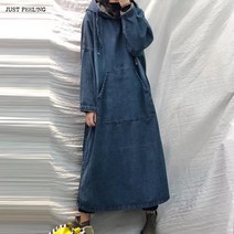 JUST FEEL!NG 여자 청 원피스 데님 롱 박스 와이드 긴팔 청원피스 데일리 캐주얼 엄마옷