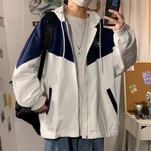 봄 가을 스카이 블루 배색 커플 빅사이즈 빈티지 후드 스트릿 루즈핏 오버핏 숏 후드 집업 바람막이 자켓 점퍼 잠바