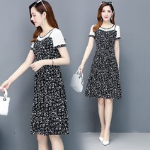멜빵원피스 멜빵원피스 빅사이즈 여성원피스 2020여름 뉴타입 통통 페이크레이어링 프린팅 병접연결 미들롱타입 a라인스커트