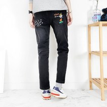 103st 여성 밴딩 배기 융기모 본딩 블랙진 원숭이 캐릭터 자수 흑청바지