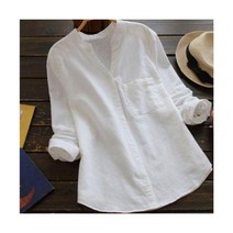 여성 브이넥 면 마 코튼 린넨 셔츠 블라우스 루즈핏