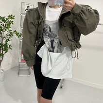 스트링 퍼프소매 숏 크롭 야상 자켓