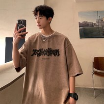 여름 워싱 구제 반팔 티셔츠 남 빈티지 레터링 프린트 반팔 뉴타임즈 F296G051