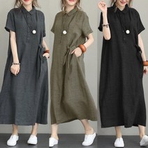 여름 원피스 린넨 롱원피스 카라 베 은창]린넨 루즈핏 빅사이즈 롱 치마 돌잔치엄마 반팔 퍼프 여성