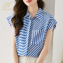 스트라이프 포켓 탑 블라우스 사무복 여성용 한국 기본 쉬폰 캐주얼 2023 년 신제품