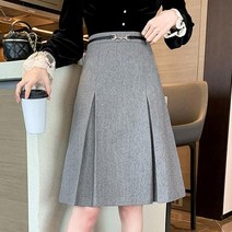 플레어핏 A라인 모직 스커트 앞주름 포인트 벨트 장식 여성 정장 치마 회색 여자