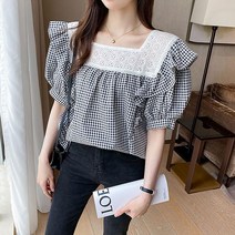 데일리 스퀘어 체크 여성 오피스 여름 블라우스 셔츠