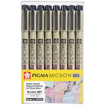 사쿠라 피그마 마이크론 005 8본세트 / 피그먼트 잉크 펜 / 수성안료 잉크 / 진하고 선명한 컬러 / 일러스트용 / 제도용 / 캘리그라피용, 8본
