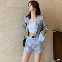 가바바 여성 투피스 멋스러운 실버 크롭 자켓 포인트 캐주얼 정장 투피스 G50816