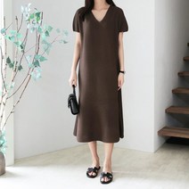 여자 클래식 브이넥 홀가먼트 린넨 반팔 롱원피스