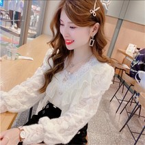 tagi 빈티지 여성 레이스 프릴 러플 블라우스 브이넥 긴팔 셔츠 여름