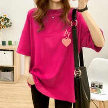 스타일아유 여성 여름용 순면 AY 레터링 하트 루즈핏 반팔 티셔츠 빅사이즈 M~2XL 오버핏 반팔티 롱티 자체제작