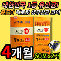 대한민국 1등 유산균 종근당 건강 락토핏 프롤린 생유산균 코어 락토바실러스 유해균 억제 배변활동 원활 도움 온가족 어르신 부모님 할머니 약국 코스트코 홈쇼핑 TV 건강기능식품 인증, 60포 (2개월 분), 2개 (25600원 할인)