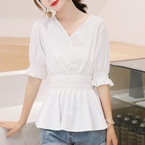 밑단 셔링 허리 잘록 밴딩 2컬러 S-2XL 21jl0151 브이넥 반팔 블라우스