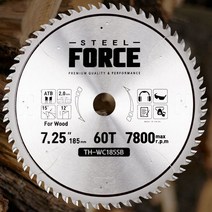 스틸포스 목공용 팁쇼 TH-WC185SB 7.25인치 7 800RPM 목재절단용 톱날 저소음 저진동 셀계 (185)x19x2.0x60T