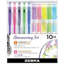 Zebra Pen 쉬머 스타터 세트 키라리치 형광펜 5개와 사라사 클립 접이식 젤 펜 5개 포함 다양한 잉크 색상 10팩, Shimmering Set