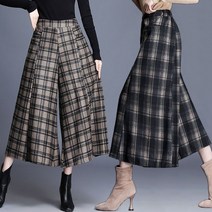 여성 체크 모직 치마바지 하이웨이스트 밴딩 와이드 팬츠 빅사이즈