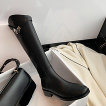 마장마술부츠 컴파운드보우 가죽 부츠 중간 힐 지퍼 라운드 토 니하이 여성용 화 가을 겨울, [03] 37, [01] Black