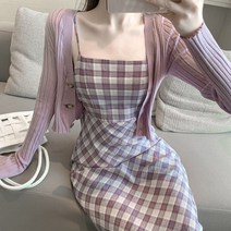 HQINT 레트로 스퀘어 칼라 민소매 서스펜더 드레스+짧은 선 스크린 가디건 외부 ZA-240968