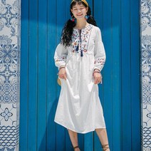 에스닉 자수 긴팔 롱원피스 휴양지 비치웨어 바캉스룩 해외여행원피스 B085