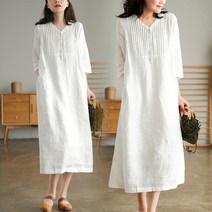 아이엠몽 여성용 빅사이즈 주름 브레스트 린넨 시원한 브이넥 롱 원피스