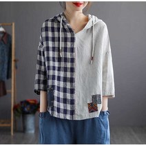 중년여성의류 40 50대 엄마옷 마담 빅사이즈 반반 체크 후드 린넨 셔츠