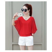 윙드라이프 여성 어깨트임 밴딩밑단 쉬폰 블라우스 쉬폰 반팔