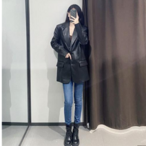 다한 여성 블랙 미디 가죽 레더 자켓 코디 기온별 옷차림