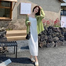 사이즈 세트 여성의 2022 년 여름 새로운 느슨한 슬림 콘돌 벨트 드레스 쉬폰 외관 선 스크린 투피스 세트, 녹색 목도리 흰 드레스 투피스 세트, S 75-95kg