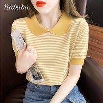 나바바 NK525 여성 러블리 스트라이프 카라 반팔 니트티