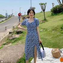 슬릿 트임 원피스 오버핏 빅사이즈 배가리기 가라이 여성 쉬폰 무릎넘어 뚱뚱한 상의 와이드 루즈핏 플라워 2189239702