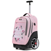 NEW TILAMI 롤링 백팩 19인치 청소년 여성 남성 귀여운 바퀴 달린 컴퓨터 노트북 책가방 롤러 여행 가방 대학 낙서 그레이, Flower Pink