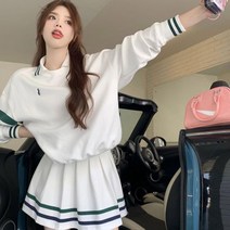 트렌디 편안한 골프 정장 여성 스포츠 스타일 스웨터 코트 숏 치마 투피스 흰색 가을