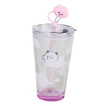 귀여운 구름 곰 유리 컵 만화 401-500ml 누수 방지 물병 유리 텀블러 물 컵 거실, 워터 컵 핑크